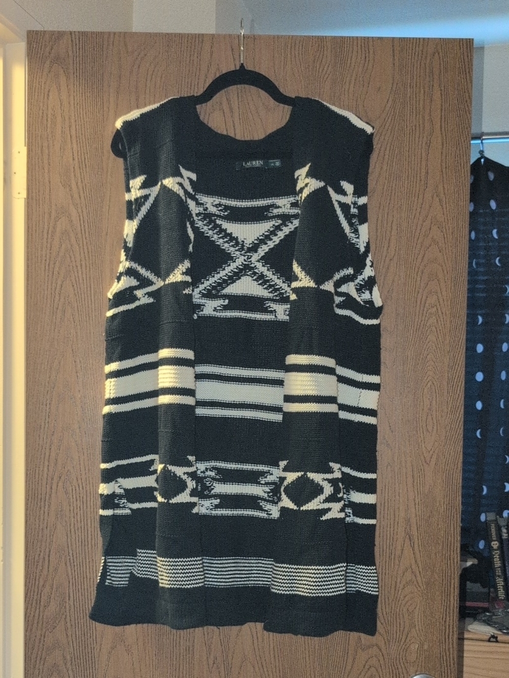 Lauren Ralph Lauren Black and Cream Open-Front Knit Sleeveless Cardigan